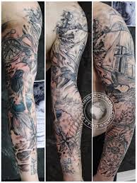Black And White Ocean Sleeve Tattoo Designs Incredible Sea Ship Waves Tattoos On Back Photo 3 Sea Tattoo Sleeve Body Art Tattoos Sleeve Tattoos