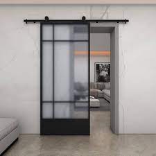 Renin Bastille 37 In X 84 3 4 Lite Frosted Glass Black Metal Finish Sliding Barn Door With Hardware Kit
