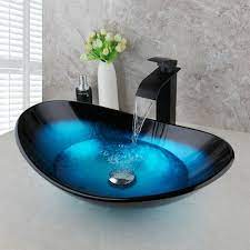 Stone, glass, and ceramic vessel sinks are suitable for both residential and commercial bathrooms, and available in a wide range of shapes and. Us Blue Bathroom Oval Tempered Glass Vessel Sink Black Faucet Mixer Taps Drain Ebay