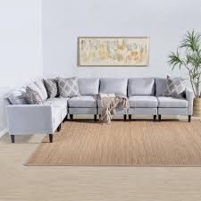 Noble House 7 Piece Light Gray Tufted Polyester 6 Seater L Shaped Sectional Sofa With Wood Legs 13866 The Home Depot Fabric Sectional Sofas Sectional Sofa Sofas For Small Spaces