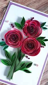 Quilling Greeting Card With Pink Paper Roses And Green Leaves Etsy In 2021 Paper Quilling Cards Quilling Flowers Tutorial Paper Quilling Flowers