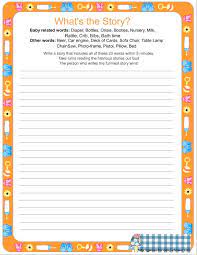 Free Printable What S The Story Game For Baby Shower In Orange Color Free Printable Baby Shower Games Baby Shower Printables Printable Baby Shower Games