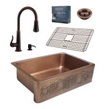 Ganku All In One Copper Farmhouse Kitchen Sink Kit With Ashfield Pull Down Faucet In Rus Copper Kitchen Sink Farmhouse Copper Kitchen Sink Kitchen Sink Remodel