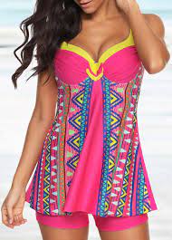 Strappy Scoop Back Geometric Print Swimdress And Shorts Rosewe Com Usd 28 20 Swim Dress Swimwear Online Fashion