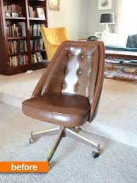 Before After This Muted Chair Gets A Kick Of Color In An Unusual Way Vinyl Chairs Makeover Vinyl Chairs Spray Paint Chairs
