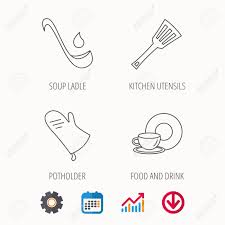 soup ladle potholder and kitchen utensils icons food and drink