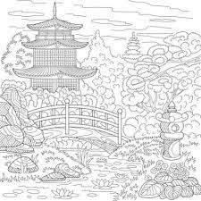Apprendre dessiner un paysage japonais facile : Coloriage A Imprimer Pont Pagode Et Jardin Japonais