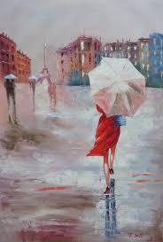 Impressionist painting woman with umbrella. Framed Modern Lady With Red Walking Under Umbrella In Paris Street With Eiffel Tower In View Oil Painting Portraits Woman Impressionism 36 X 24 Inches