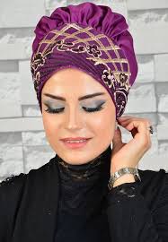 Aise Tesettur Patlican Moru Gold Payet Detayli Hazir Abiye Bone Guzel Turban Sal Boncuk Suslu Takilar