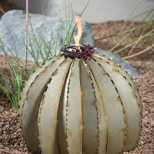 The green verdigris patina coating used to handcraft the cactus is topped with intricate powder coated flowers. Golden Barrel Cactus Torch Small Desert Steel Touch Of Modern