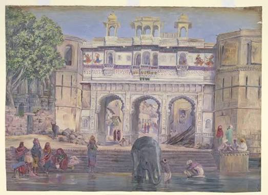 RBSI - 'Water Gate. Oodipore. India - January 1879' Oil painting on paper depicting the water-gate at Udaipur by Marianne North dated January 1879. Initially Marianne North (1830-1890) only painted botanic