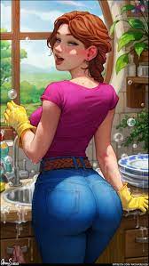Jodi (Stardew Valley), video game characters, braids, Aroma Sensei, ass,  looking at viewer, open mouth, plates, video game girls, kitchen, artwork,  drawing, fan art, blushing, jeans, video games, Stardew Valley, portrait  display,
