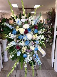 Blue White Standing Spray Tribute By Petals Florist In Warwick Ri Petals Florist Petals Florist