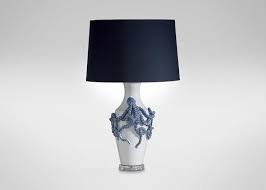 Its satin nickel finish provides a muted sheen, and is complemented by the oatmeal fabric shade. Navy And White Sculptural Octopus Table Lamp