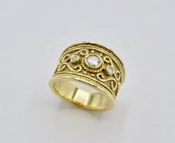 Etruscan Wide Yellow Gold Band Ring With Diamonds And Spirals Wide Band Diamond Rings White Gold Ring Band Gold Band Ring