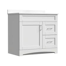 D bathroom vanity in white with vanity top in white with white sink. Magick Woods Elements Brighton 36 W X 21 D Bathroom Vanity Cabinet At Menards