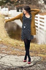 Black And White Polka Dot Dress With Black Tights Women S Tobacco Cardigan Black And White Polka Dot Skater Dress Burgundy Leather Pumps Black Wool Tights Fashion Cute Outfits Style