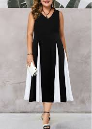 Black And White Color Block Dress Plus Size Women S Plus Size Black And White Casual Dress Color Block Sleeveless High Waisted Midi Tea Length Dress In 2020 Plus Size Dresses Plus Size Outfits Plus Size Fashion