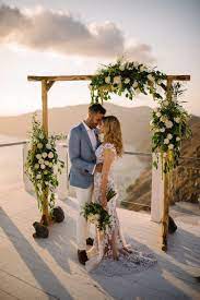 Flower Arch For Wedding Ceremony In Santorini Greece Greek Islands Wedding Mykonos Wedding Santorini Wedding Venue