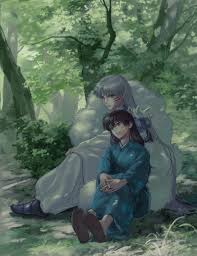 rin (inuyasha), sesshoumaru, inuyasha, highres, 1boy, 1girl, black hair,  closed mouth, crescent, crescent facial mark, curtained hair, facial mark,  forest, long hair, nature, on grass, open mouth, outdoors, pointy ears,  sitting, smile,