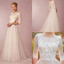 Discount Spring Simple 2015 Wedding Dresses A Line Cheap 3 4 Sleeve Plus Size Scoop Tulle Lace Applique Ivory Beach High Low Wedding Bridal Gowns Dresses On Sal Wedding Dresses High Low