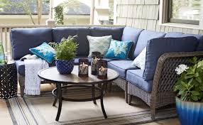 Lowes outdoor benches picnic table with benches outdoor bench park benches for sale lowes canada outdoor. Image Of The Bellmare Sectional Outfitted With Plush Blue Cushions On An Inviting Outdoor D Lowes Patio Furniture Fire Pit Furniture Patio Furniture Collection