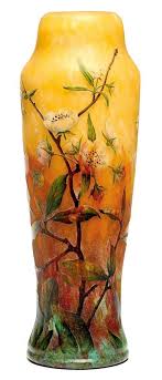 Daum Nancy Vase Ca 1900 Yellow And Orange Glass With Green Overlay Etched And Enameled Decorated With Apple Blossoms Daum Nancy Glass Art Apple Blossom