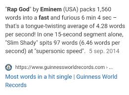 In The Last Part Of Godzilla Eminem Raps 224 Words In 30 Seconds Making The Average Speed Of That Segment 7 46 Words Per Second Making It One Word Per Second Faster Than