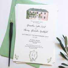 Hand Painted Wedding Invitation Featuring Custom Crest And Watercolour Venue Il Painted Wedding Invitation Handpainted Wedding Invitations Wedding Invitations