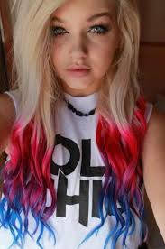 Colorful Hair Red And Blue Tips Colored Hair Blonde Red Tips Blue Tips Blue Tips Hair Blonde Hair With Blue Tips Dip Dye Hair