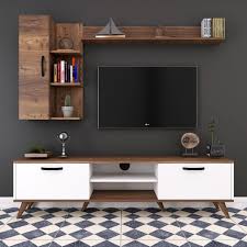 Rani A5 Duvar Rafli Kitaplikli Tv Unitesi Duvara Monte Dolapli Modern Ayakli Tv Sehpasi Beyaz Ceviz M36 Mobilya Modern Tv Unitesi