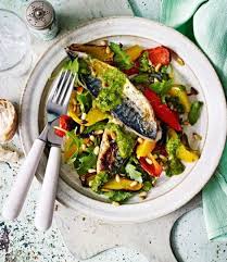 Grilled Mackerel With Orange And Basil Dressed Pepper Salad Recipe Delicious Magazine Recipe Mackerel Recipes Stuffed Peppers Grilled Mackerel