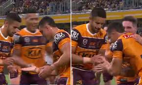 Sidelined with an acl injury since the end of last season, the brisbane centre is finally fit to return to action for the broncos. Broncos Kotoni Staggs Scores Before Teammate Jess Arthur Pretends To Spray Hand Sanitiser On Him Daily Mail Online