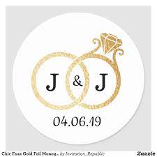 Chic Faux Gold Foil Monogram Wedding Rings Classic Round Sticker Zazzle Com Faux Gold Foil Monogram Wedding Wedding Stickers