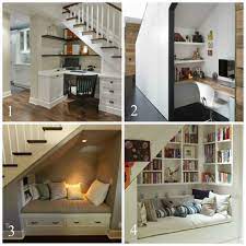 Under Stairs Home Office Or Reading Nook Basement Stairway Basement Remodeling Basement Ideas Basement Designs S Stair Nook Stairs Design Interior Stairs