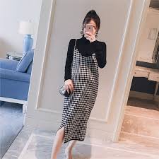 5060 2pcs Set Black Knitted Maternity Bottoming Shirts Sling Plaid Dress Autumn Stylish Maternity Outfits Clothes For Pregnant Women Pregnant Women Fashion