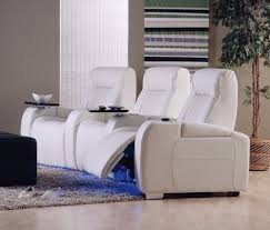 This Home Theater Set Features Cup Holders Led Lights And Tray Tables Home Theater Seating White Leather Furniture Media Room Seating