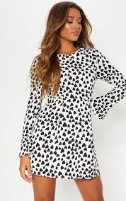 White Heart Print Frill Sleeve Tea Dress Black Heart Print A Line Dress Tea Dress