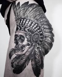 Sketchy native american warrior tattoo on the right. Massive Native American Skull Tattoo By Yejitattoo Skull Thigh Tattoos Headdress Tattoo Indian Skull Tattoos