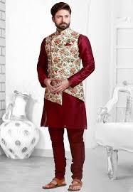 Buy Online Digital Printed Art Silk Kurta Pajama Set In Maroon Now Item Code Mhg964 Color Red Oc Wedding Kurta For Men Kurta Pajama Men Mens Kurta Designs