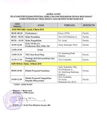 Jadwal (skedul) pelaksanaan kegiatan dievaluasi setiap tiga bulan dan dilaksanakan oleh komite pencegahan dan pengendalian infeksi (komite ppi tribulan, semester dan akhir tahun. Jadwal Acara Pelatihan Penyusunan Proposal Penelitian Dan Pengabdian Kepada Masyarakat Dosen Perguruan Tinggi Swasta Dan Universitas Mataram 2018 Lppm Unram