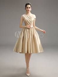 Gold Champagne Pleated Satin Bridesmaid Dress Milanoo Satin Bridesmaid Dresses Knee Length Bridesmaid Dresses Bridesmaid Dresses