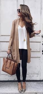 Black And White Leopard Print Shoes Long Tan Cardigan White Blouse Skinny Black Pants Leopard Print Shoes Fashion Fall Outfits Casual Outfits