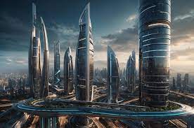 A series of futuristic buildings with a blue line on the top | Premium  AI-generated image