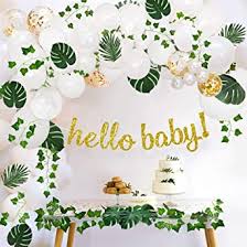 To create an immediate natural vibe, consider decorating with lush jungle leaves in an array of vibrant shades of green. Sweet Baby Co Boho Fake Greenery Baby Shower Decorations Neutral With Balloon Garland Arch Kit Oh Baby Banner Green Ivy Leaf Garland Vines Decoration Decor For Jungle Safari Woodland Backdrop Theme Decorations