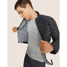 Tescous men fashion long sleeves thicken warm faux fur solid color zipper long hood down jacket. Armani Exchange Quilted Down Jacket Navy