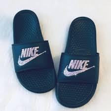 Black And Gold Nike Slides Womens Nike Slides Bedazzled Women S Sandals In Rose Gold And Black Sparkly Shoes Great For Christmas With Images Cozy Shoes Womens Sandals Sparkly Shoes