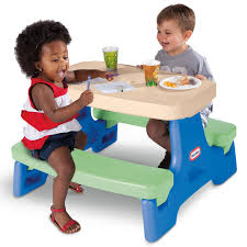 A picnic table (or picnic bench) is a table with benches (often attached), designed for impromptu outdoor dining. Easy Store Jr Play Table Blue Green Little Tikes