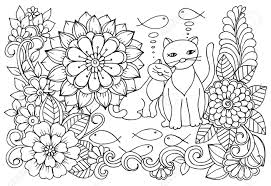 Cats and flowers coloring book. Cat S Dreams Of Tasty Fishes Coloring Page Of Monochrome Flowers For Adult Coloring Book Royalty Free Cliparts Vectors And Stock Illustration Image 71667481
