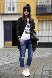 Black And White Varsity Jacket Outfit 25 Ways To Style Your Varsity Jacket This Fall Fashion Casual White Sneakers Outfits With Converse